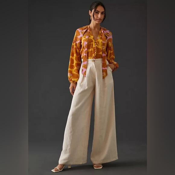 Anthropologie Gold Long Sleeve Tie Front Blouse - Picture 3 of 4